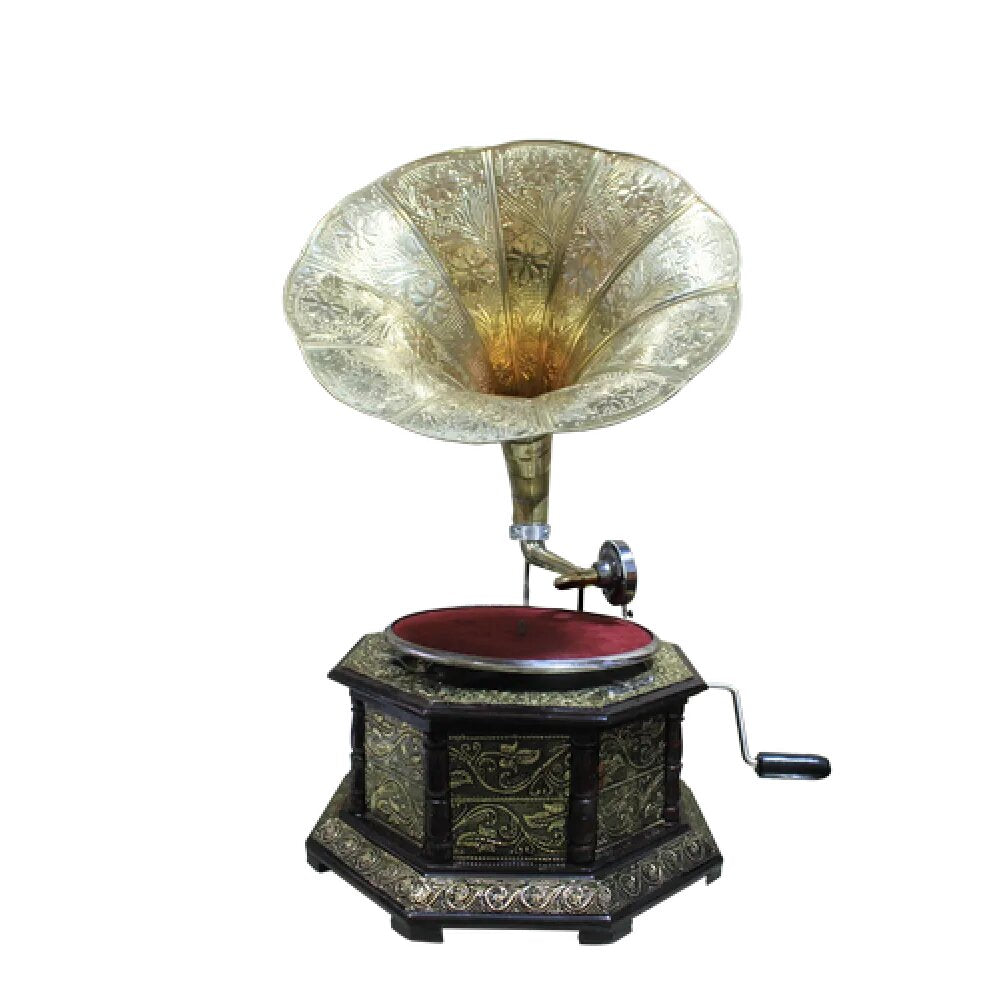 Vintage  8 Corner Wooden Working Gramophone Covered With Brass Sheet Design