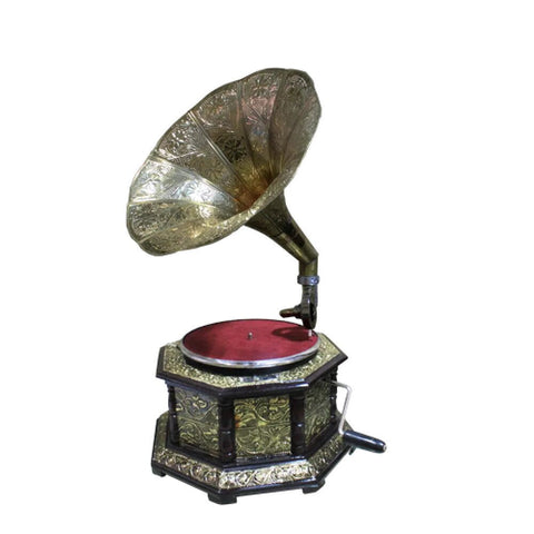 Vintage  8 Corner Wooden Working Gramophone Covered With Brass Sheet Design